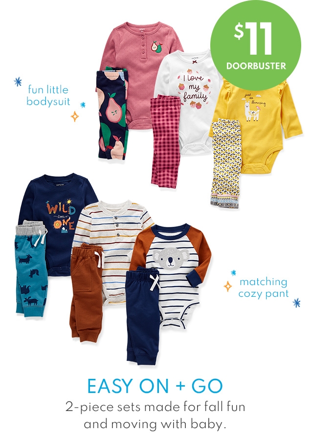 fun little bodysuit | $11 DOORBUSTER | matching cozy pant | EASY ON + GO | 2-piece sets made for fall fun and moving with baby.