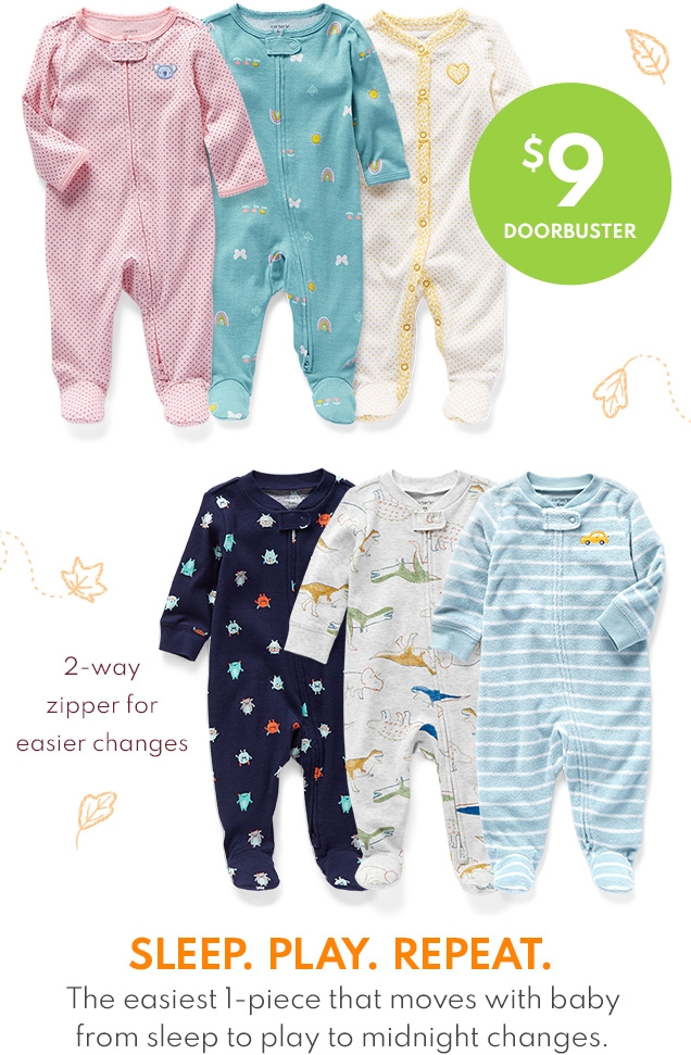 $9 DOORBUSTER | 2-way zipper for easier changes | SLEEP. PLAY. REPEAT | The easiet 1-piece that moves with baby from sleep to play to midnight changes. 