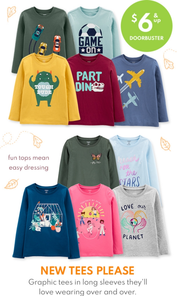 $6 & up DOORBUSTER | fun tops mean easy dressing | NEW TEES PLEASE | Graphic tees in long sleeves they'll love wearing over and over.