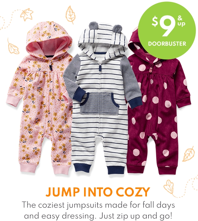$9 & up DOORBUSTER | JUMP INTO COZY | The coziest jumpsuits made for fall days and easy dressing. | Just zip up and go! 