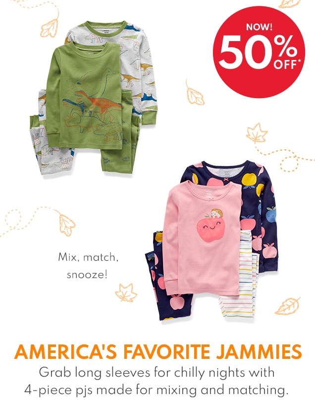 NOW! 50% OFF* | Mix, match, snooze! | AMERICA'S FAVORITE JAMMIES | Grab long sleeves for chilly nights with 4-piece pjs made for mixing and matching. 