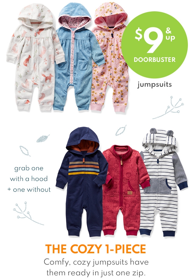 $9 & up DOORBUSTER | jumpsuits | grab one with a hood + one without | THE COZY 1-PIECE | Comfy, cozy jumpsuits have them ready in just one zip. 
