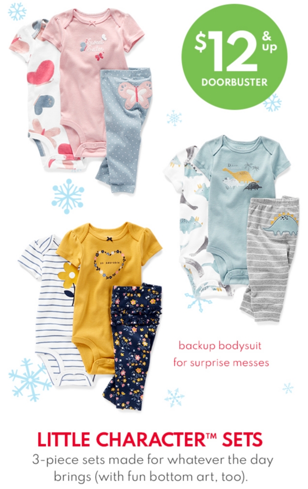 $12 & up | backup bodysuit for suprise messes | DOORBUSTER LITTLE CHARACTER™ SETS | 3-piece sets made for whatever the day brings (with fun bottom art, too).