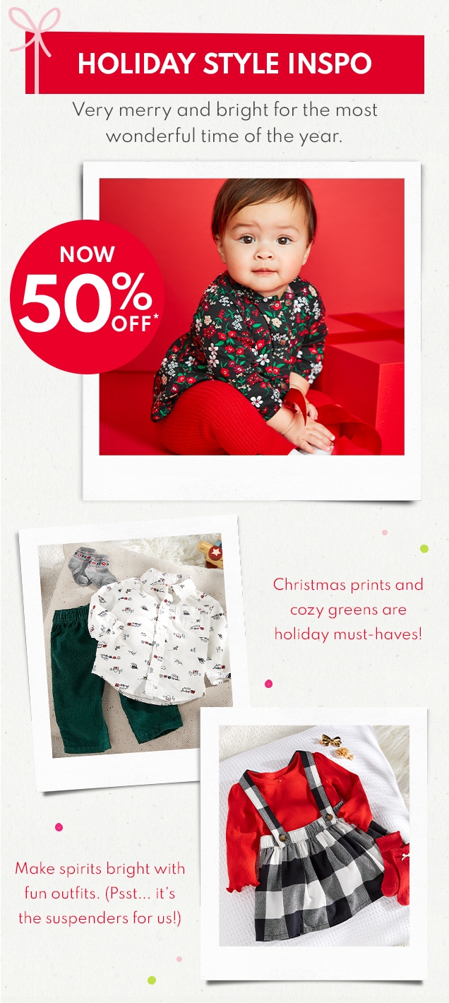 HOLIDAY STYLE INSPO | Very merry and bright for the most wonderful time of the year. | NOW 50% OFF* | Christmas prints and cozy greens are holiday must-haves! | Make spirits bright with fun outfits. (Psst... it's the suspenders for us!)