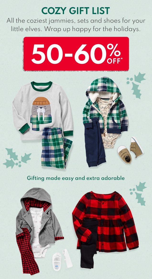 COZY GIFT LIST | All the coziest jammies, sets and shoes for your little elves. Wrap up happy for the holidays. | 50-60% OFF* | Gifting made easy and extra adorable