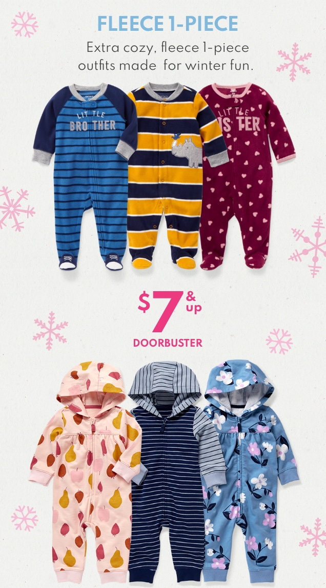 FLEECE 1-PIECE | Extra cozy, fleece 1-piece outfits made for winter fun. | $7 & up