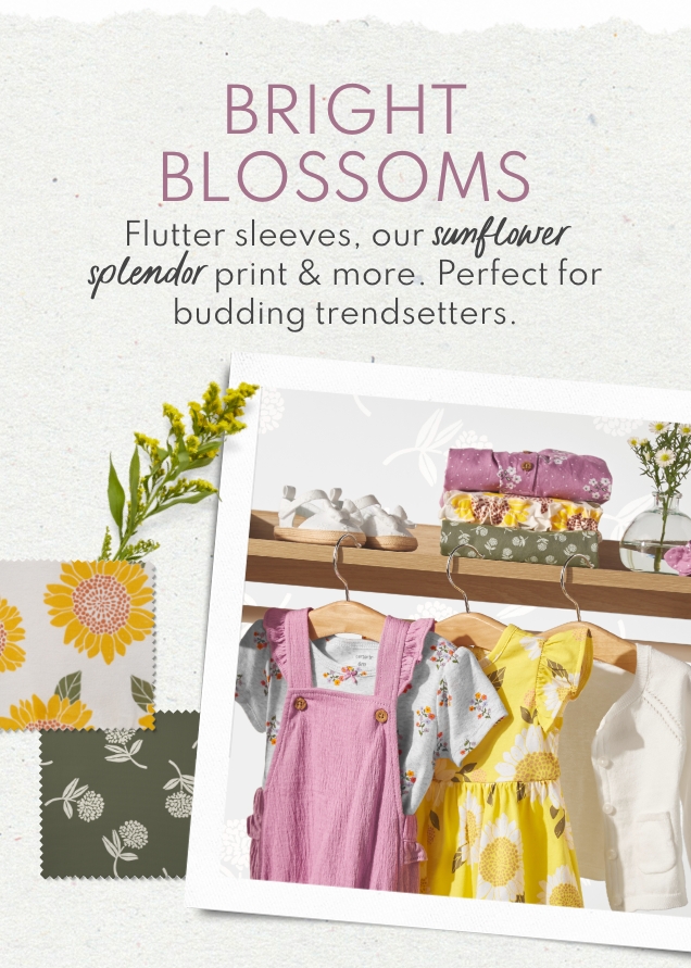 BRIGHT BLOSSOMS | Flutter sleeves, our sunflower splender print & more. | Perfect for budding trendsetters. 