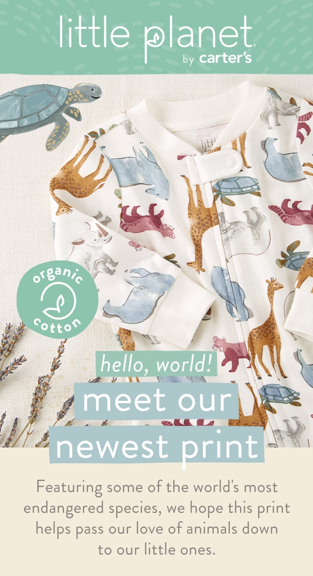 little planet by carter's | organic cotton | hello, world! | meet our newest print | Featuring some of the world's most endangered species, we hope this print helps pass our love of animals down to our little ones. 