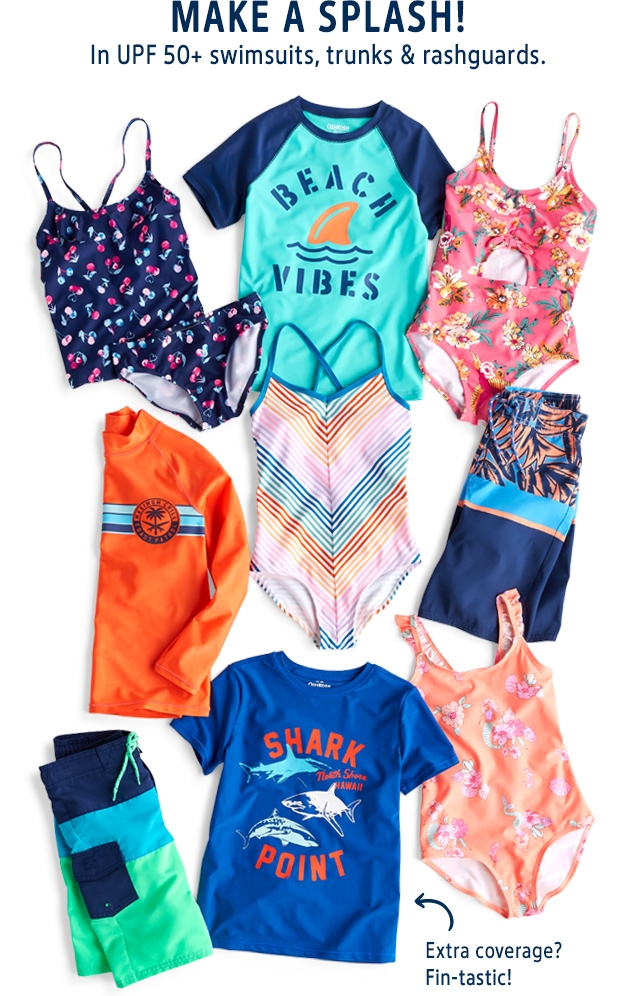 MAKE A SPLASH! | In UPF 50+ swimsuits, trunks & rashguards. | Extra coverage? Fin-tastic!