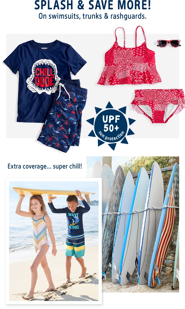 SPLASH & SAVE MORE! | On swimsuits, trunks & rashguards. | buy 3+ 50% off* | buy 2 40% off* | buy 1 25% off* | UPF 50+ sun protection