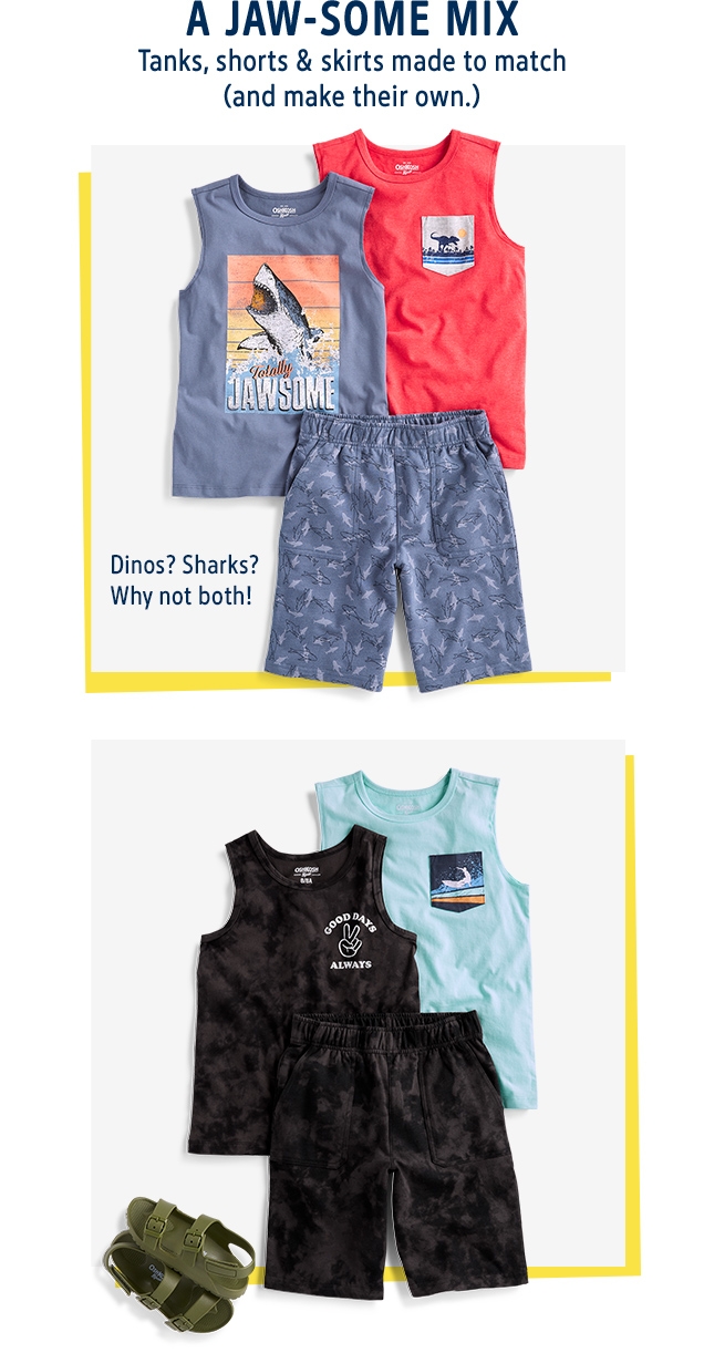 A JAW-SOME MIX | Tanks, shorts & skirts made to match (and make their own.) | Dinos? Sharks? Why not both!