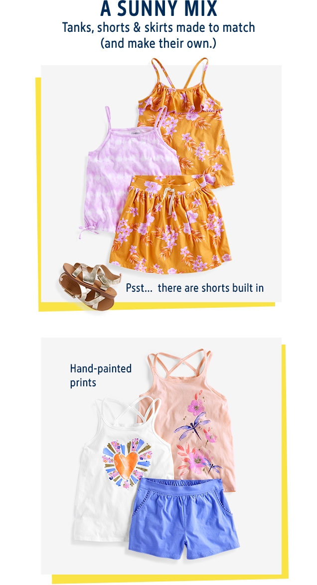 A SUNNY MIX | Tanks, shorts & skirts made to match (and make their own.) | Psst... there are shorts built in | Hand-painted prints