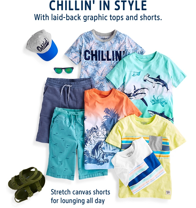 CHILLIN' IN STYLES | With laid-back graphic tops and shorts. | Stretch canvas shorts for lounging all day