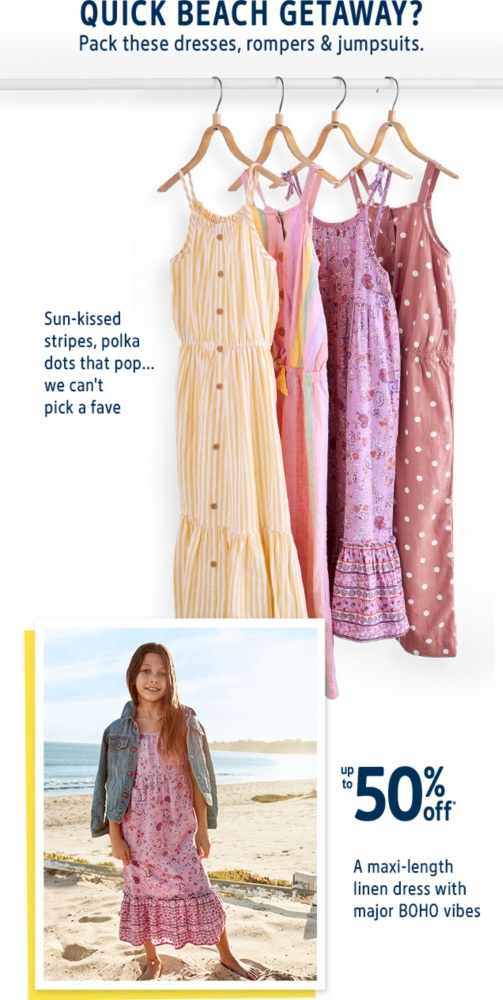 QUICK BEACH GETAWAY? | Pack these dresses, rompers & jumpsuits. | Sun-kissed stripes, polka dots that pop...we can't pick a fave | up to 50% off* | A maxi-length lines dress with major BOHO vibes