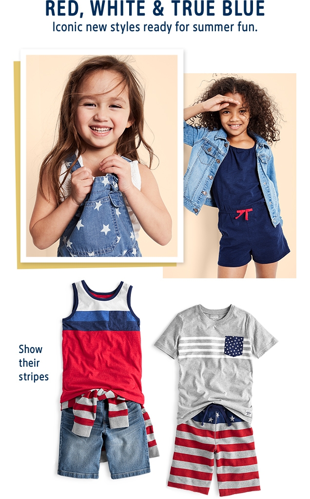 RED, WHITE & TRUE BLUE | Iconic new styles ready for summer fun. | Show their stripes