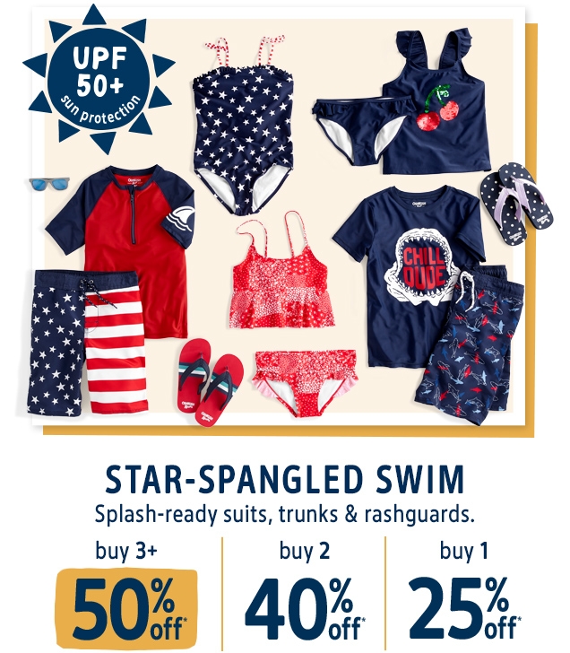 UPF 50+ sun protection | STAR-SPANGLED SWIM | Splash-ready suits, trunks & rashguards. | buy 3+ 50% off* | buy 2 40% off* | buy 1 25% off*