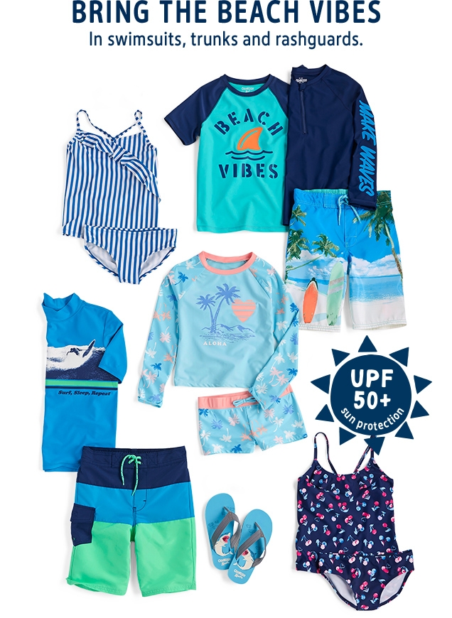 BRING THE BEACH VIBES | In swimsuits, trunks and rashguards. | UPF 50+ sun protection