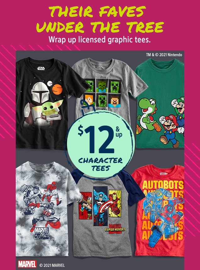 THEIR FAVES UNDER THE TREE | Wrap up licensed graphic tees. | $12 & up CHARACTER TEES | MARVEL 2021 MARVEL