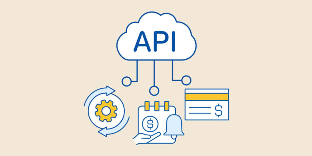 Cloud that reads "API" connected to a gear, a statement and a calendar.