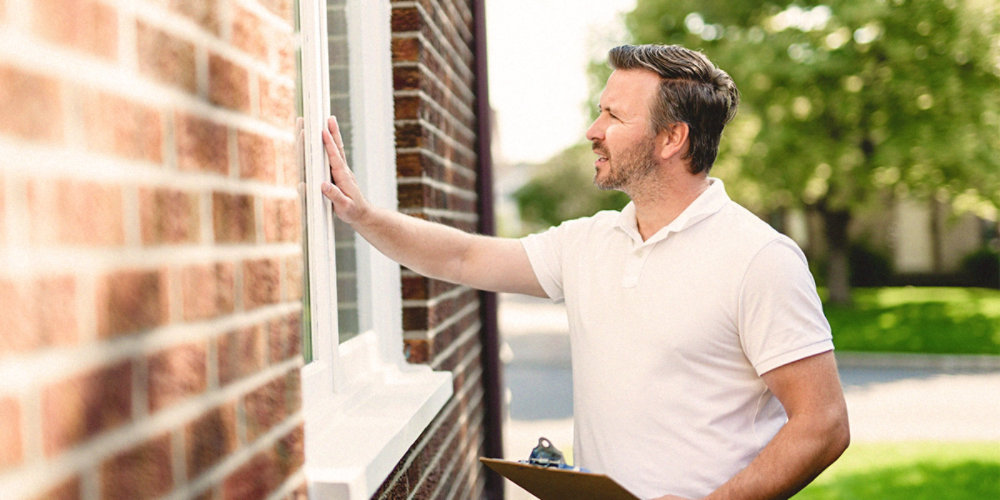 Home inspector examining exterior window frame