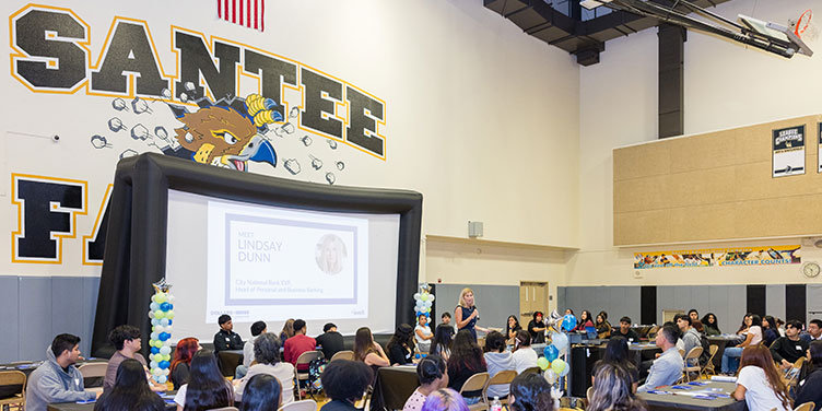 Lindsay Dunn speaks at Santee High School auditorium