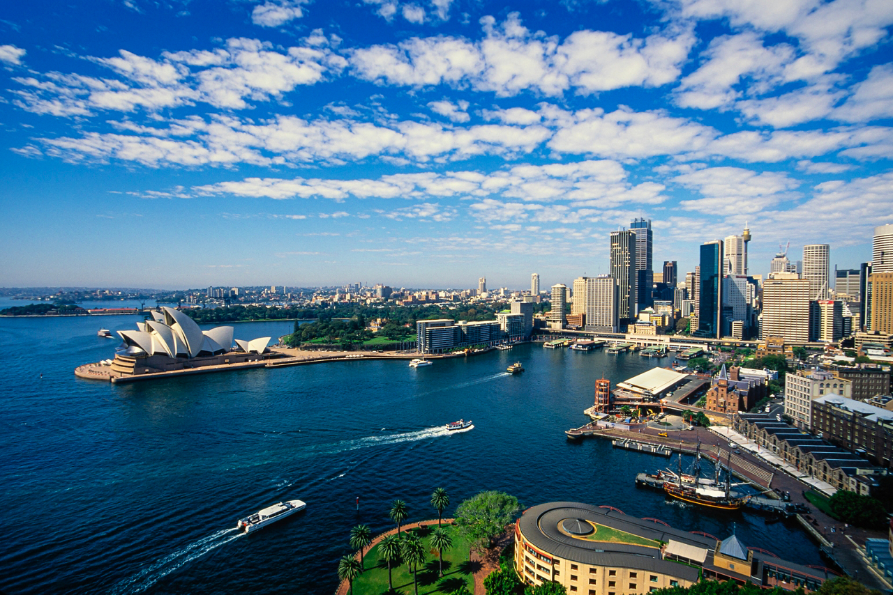 View of Sydney Harbour, with Opera house on left in Australia.