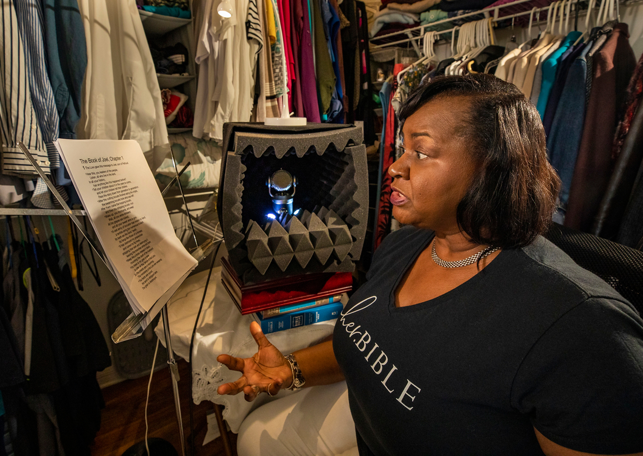 Cassandra Newman speaking the book of Joel in her home audio studio in the closet.