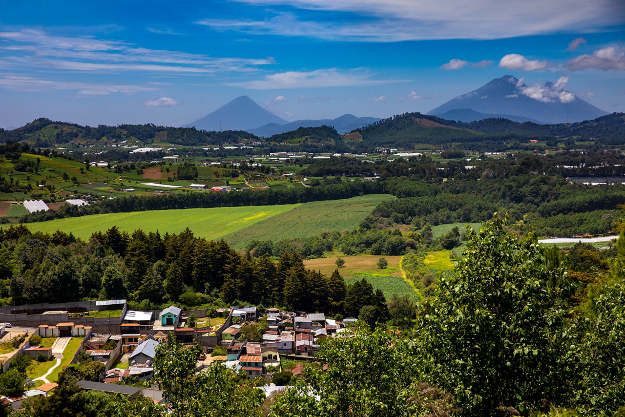 Guatemala has 37 volcanoes, three of which are shown above: (from left) Fuego (active), Acatenango and Agua.