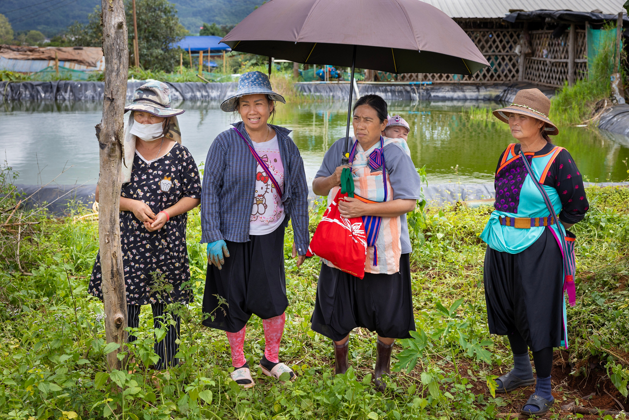 Women standing in field waiting looking into distance