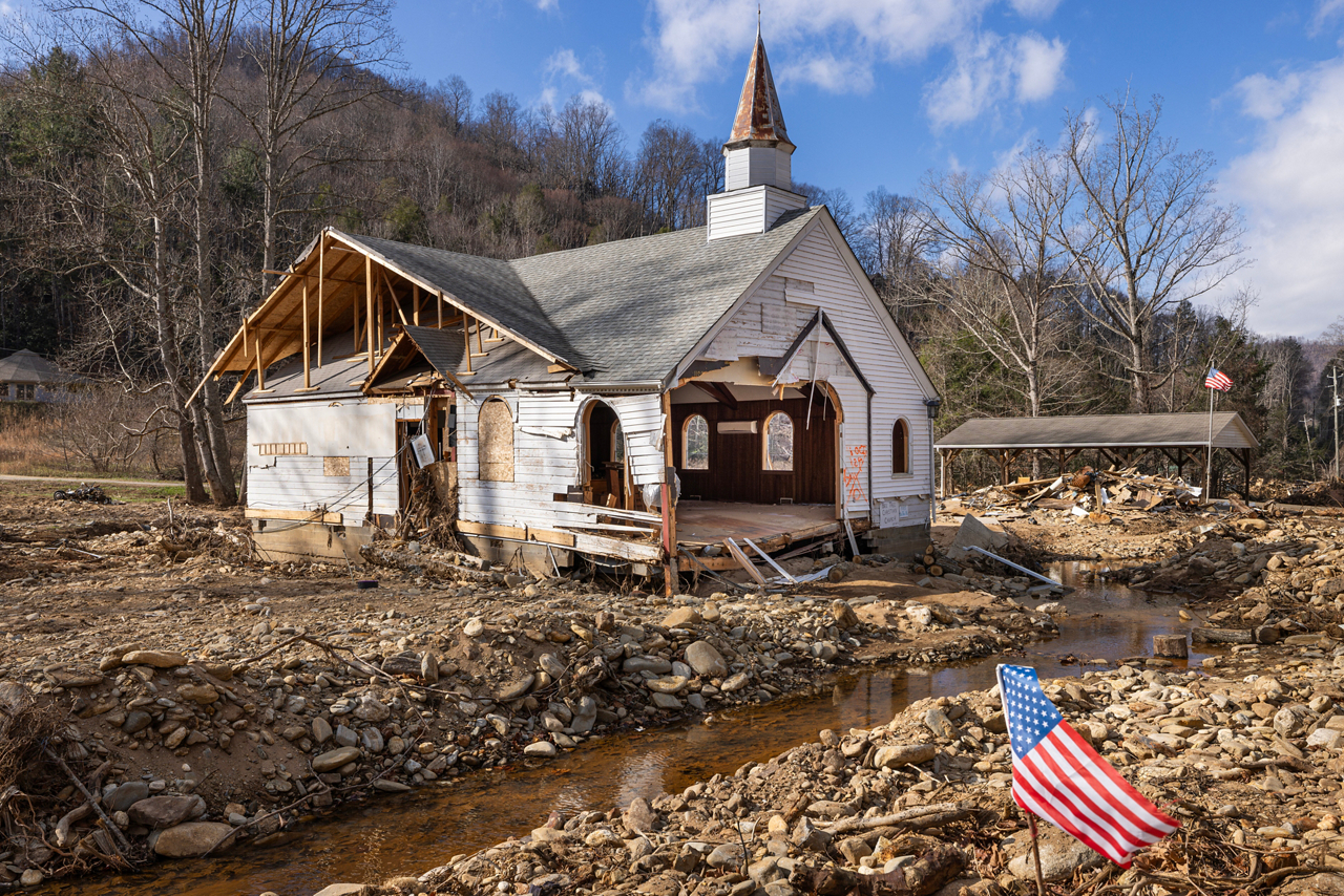Hurricane Helene damage in Swannanoa, NC. Ryan and Amy Geist Cru Lifelines staff  and students rebuilding homes. Beetree Christian Church. 