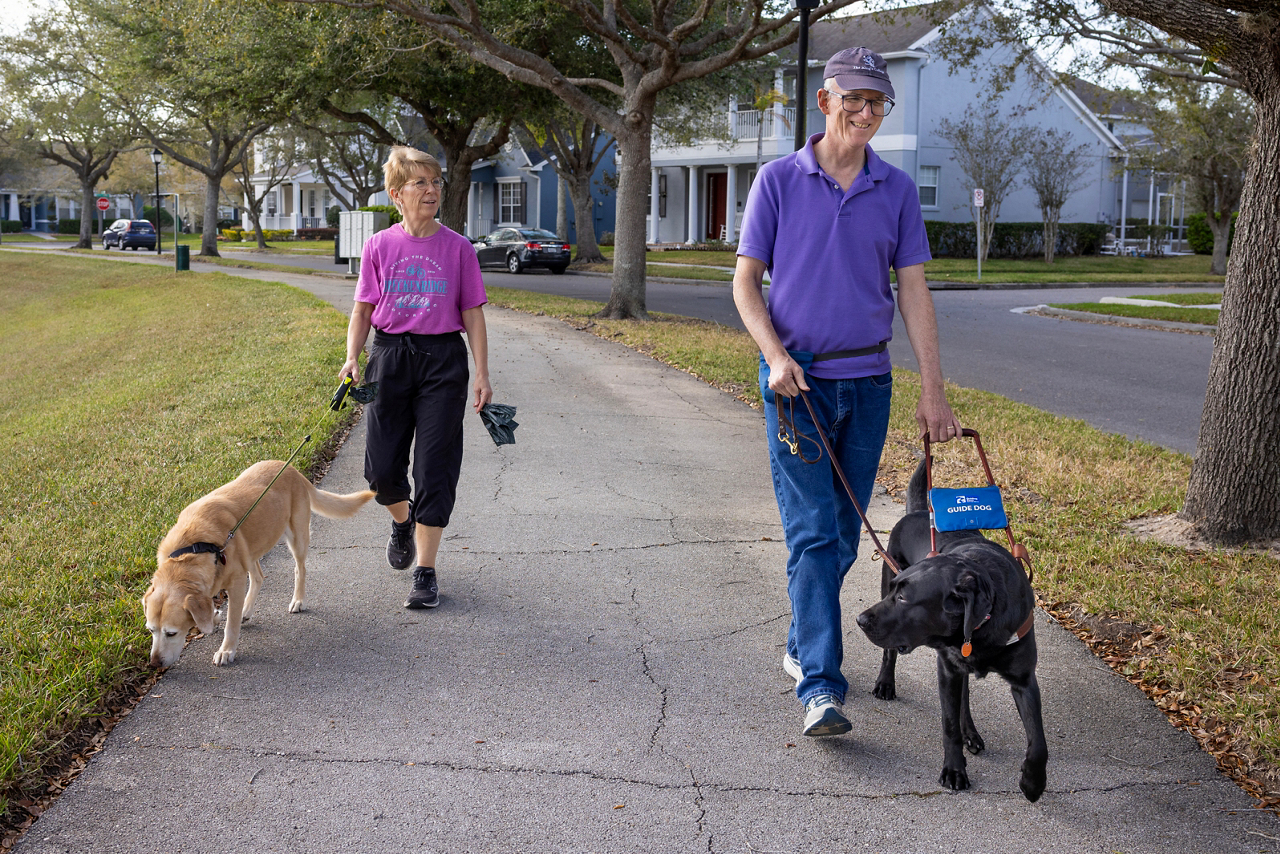 John Powers, blindness article. John and Ann walking their dogs. However, John's dog is a guide dog. 
