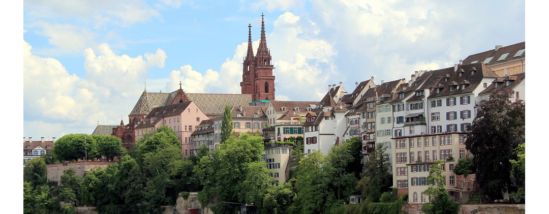 The Swiss city of Basel at the edge of the Rhine