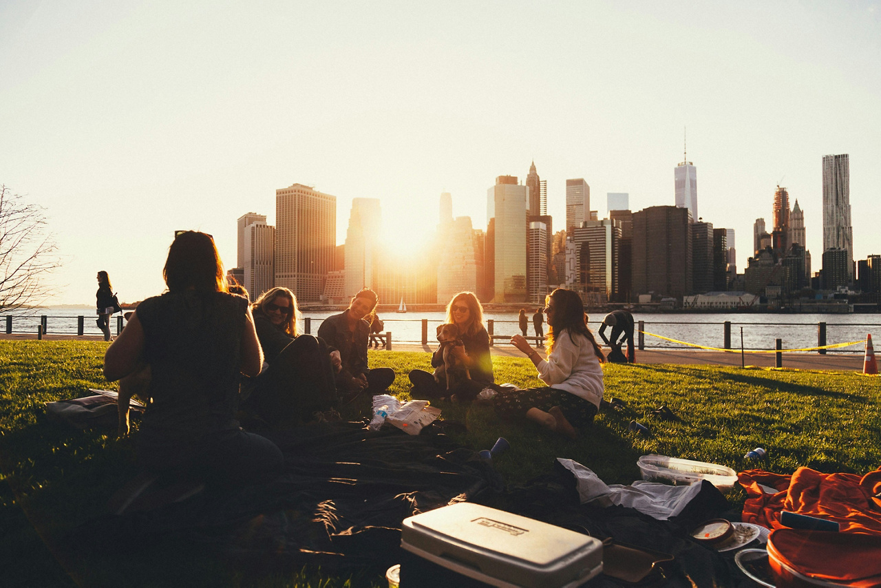 People sitting in park with city in background