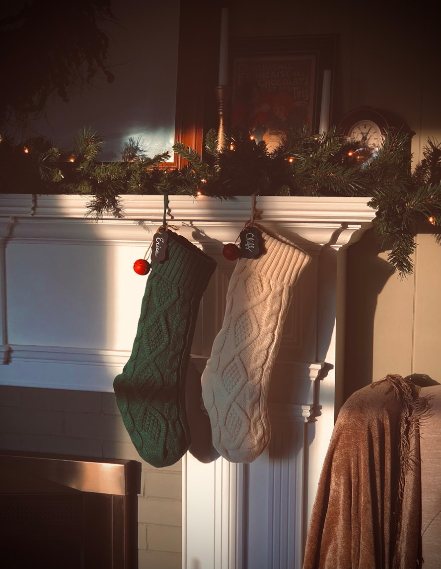 christmas decorations with bokeh background of lights.
