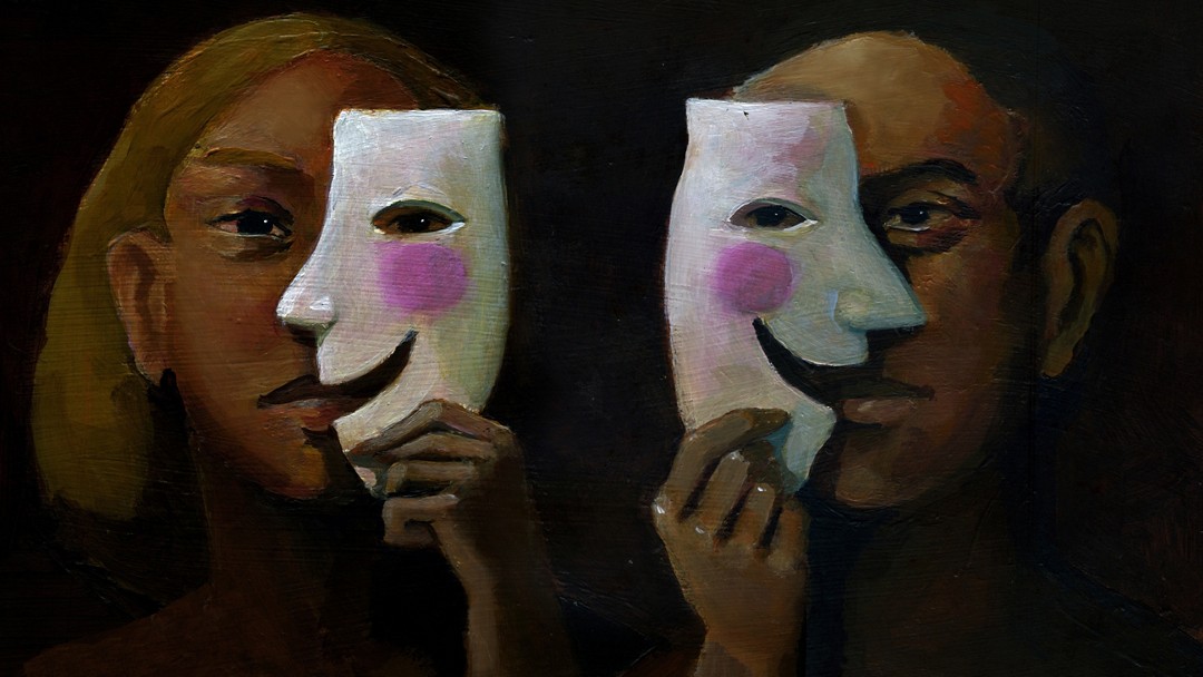 A man and a woman in the foreground hide their feelings behind a smiling mask
