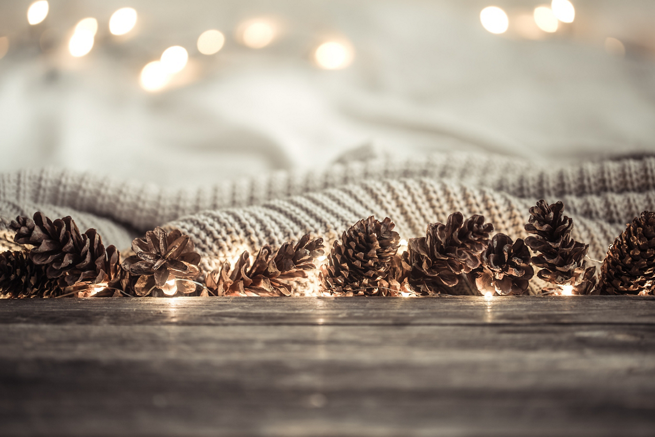 Festive New year background with cones and lights. The concept of a holiday, place for text .