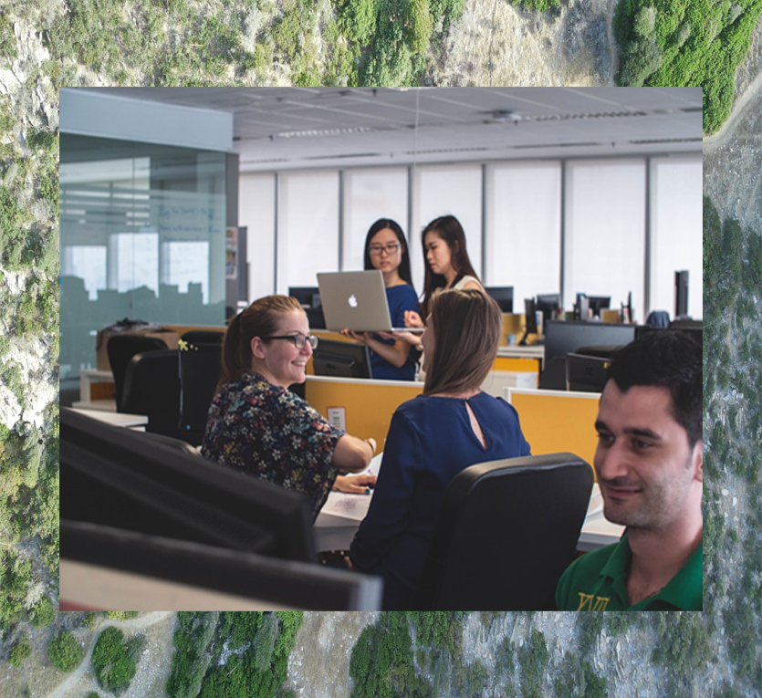 Graphic depicting people in an office environment talking.
