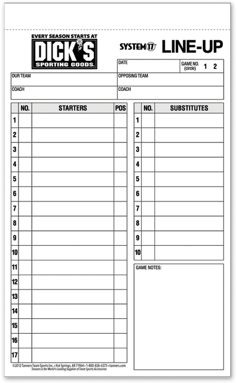 DICK'S Sporting Goods Baseball/Softball Line Up Cards ...