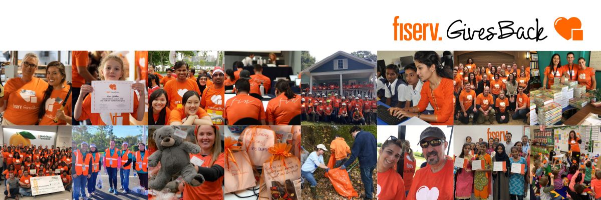 Compilation of associate photos for a Fiserv Gives Back email banner
