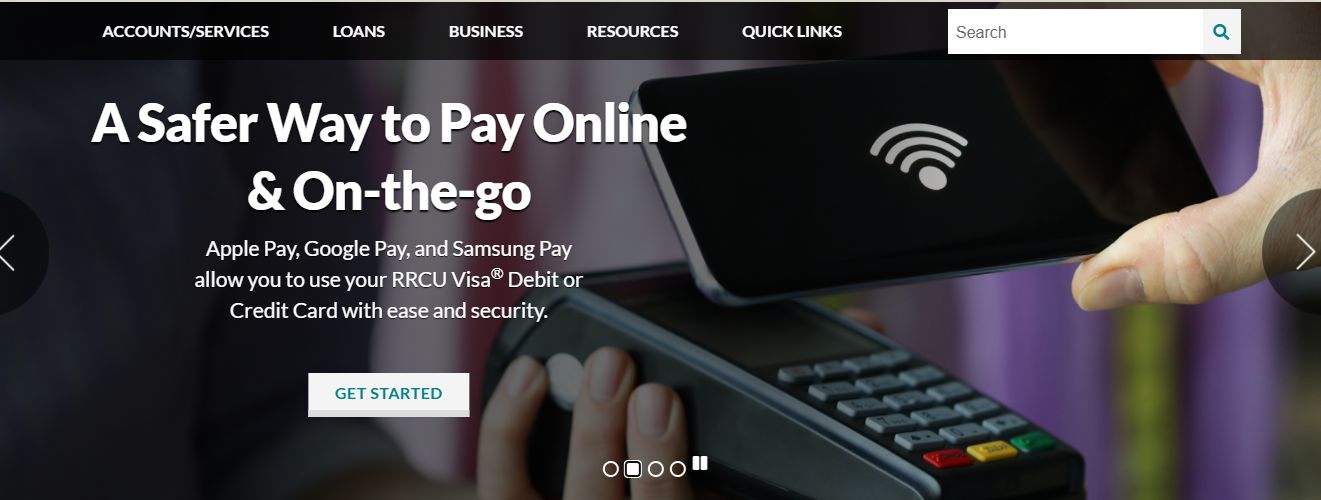 Digital ad highlighting a company's integration with Apple Pay, Google Pay, and Samsung Pay, accompanied by a person off-screen holding a smartphone up to a digital card reader.