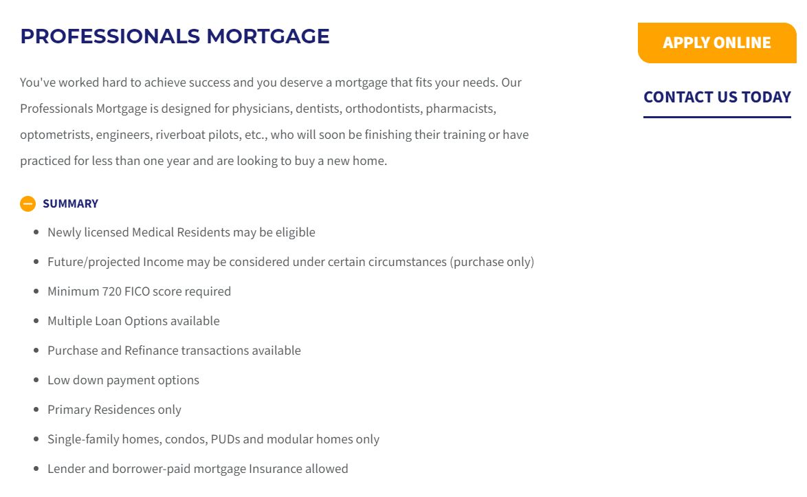 Summary of Professionals Mortgage information, with a yellow Apply online button and Contact us today button