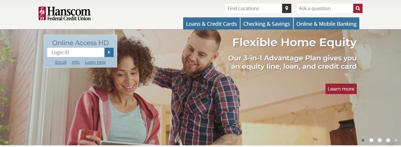 Screenshot of Hanscom Federal Credit Union, highlighting their homepage hero image of one medium-skinned woman and a light-skinned man wearing comfortable clothes and smiling while looking a tablet screen in their home. Caption reads: "Flexible Home Equity, Our 3-in-1 advantage plan gives you an equity line, loan and credit card. Learn More!"