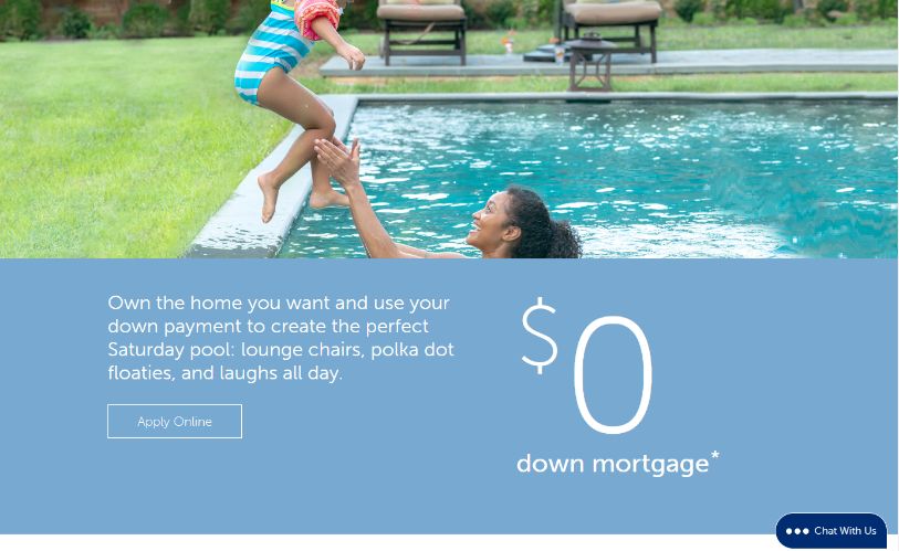 Digital ad highlighting the company's $0 down mortgage program, with an image of a child jumping into the arms of a female-presenting person in an outdoor swimming pool. Caption reads: "own the home you want and use your down payment to create the perfect Saturday pool: lounge chairs, polka dot floaties and laughs all day."