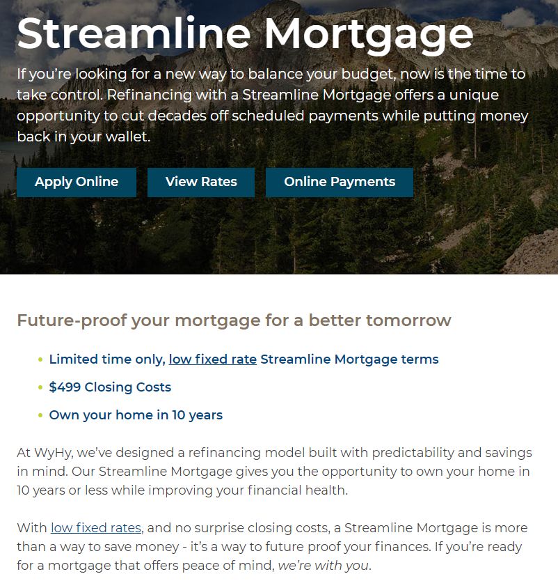 Digital ad explaining WyHy Federal Credit Union's Streamline Mortgage program, with a beautiful mountain range as the backdrop to the ad.