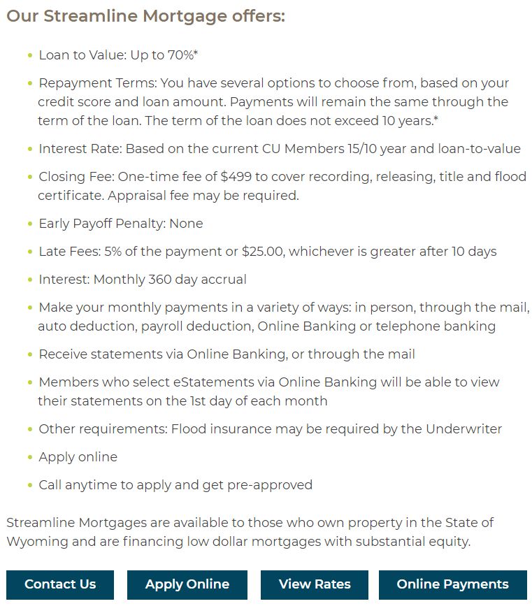 More copy explaining WyHy Federal Credit Union's Streamline Mortgage program, as in the image above.