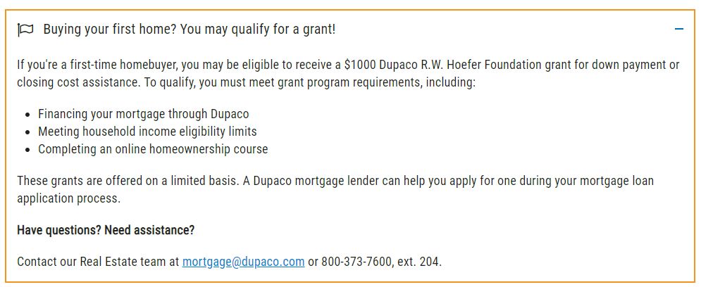 Summary of information, titled: "Buying your first home? You may qualify for a grant!"