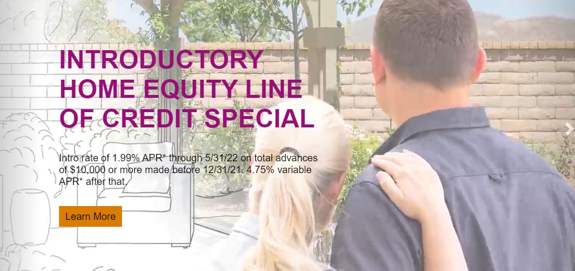 Digital marketing ad detailing a company's Introductory home equity line of credit special, with two light-skinned people standing next to each other and glancing at their future yard depicted as partial illustration of patio furniture over image of existing backyard with plants