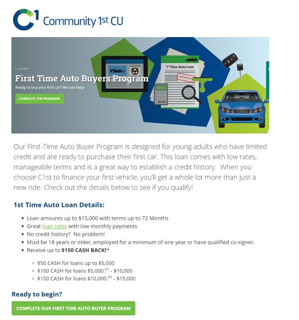 A digital message from Community 1st Credit Union highlighting their First-Time Auto Buyer Program.