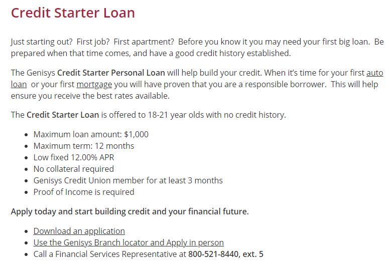A digital message from Genisys Credit Union highlighting their Credit Starter Personal Loan program.