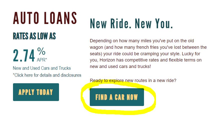 A digital ad from an organization highlighting their Auto Loans program. A button with the text: "find a car now" in the ad is circled with yellow highlighter.